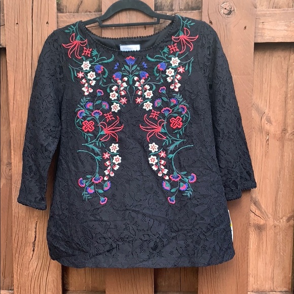 Charter Club Black Floral Embroidered Lace Blouse Top - Picture 2 of 6